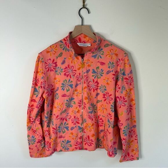 Fresh Produce Bomber Jacket Peach and Pink Floral size Medium Cotton USA made - Picture 2 of 9